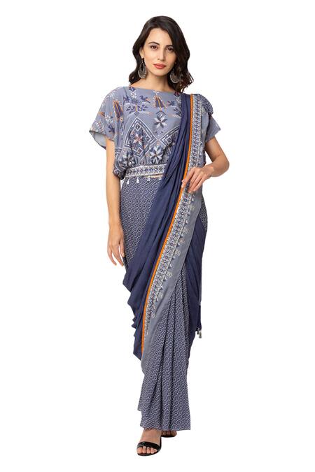 Buy_Soup By Sougat Paul_Blue Muslin Slub Printed Saree With Top _Online_at_Aza_Fashions