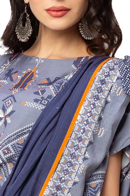 Shop_Soup By Sougat Paul_Blue Muslin Slub Printed Saree With Top _Online_at_Aza_Fashions