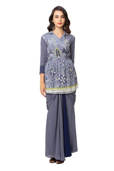 Soup by Sougat Paul_Blue Muslin Slub Printed Kurta And Skirt Set _Online_at_Aza_Fashions