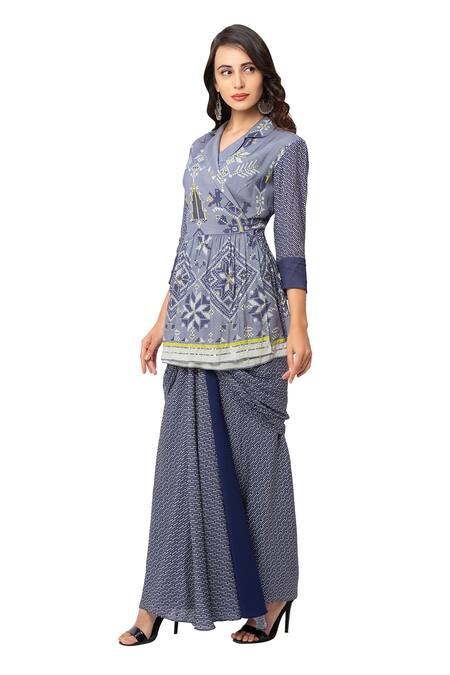 Buy_Soup by Sougat Paul_Blue Muslin Slub Printed Kurta And Skirt Set _Online_at_Aza_Fashions