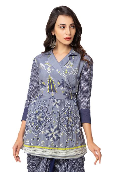 Shop_Soup by Sougat Paul_Blue Muslin Slub Printed Kurta And Skirt Set _Online_at_Aza_Fashions