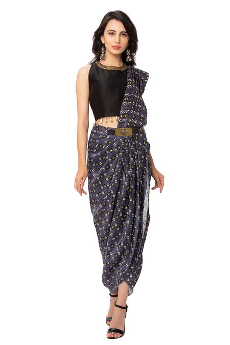 Soup By Sougat Paul Black Chanderi, Malaysian Silk Pre-draped Saree With Blouse Online at Aza Fashions Soup By Sougat Paul_Black Chanderi, Malaysian Silk Pre-draped Saree With Blouse _Online_at_Aza_Fashions