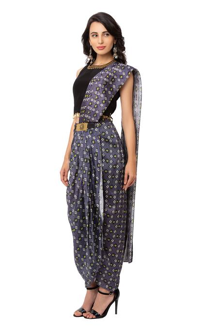 Buy Soup By Sougat Paul Black Chanderi, Malaysian Silk Pre-draped Saree With Blouse Online at Aza Fashions Buy_Soup By Sougat Paul_Black Chanderi, Malaysian Silk Pre-draped Saree With Blouse _Online_at_Aza_Fashions