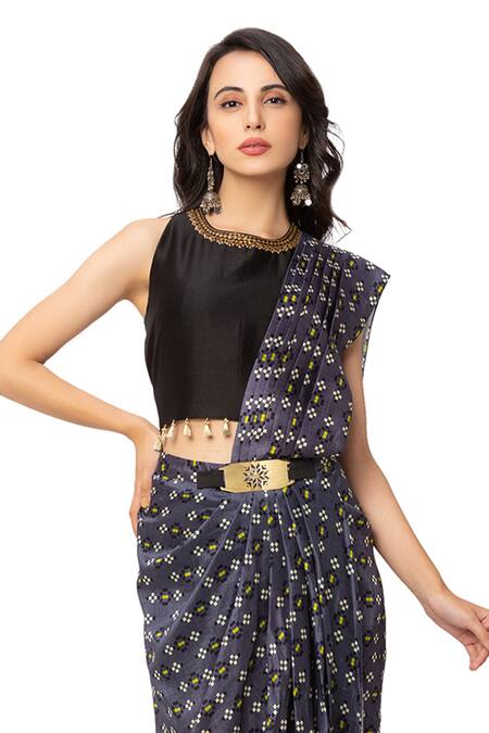 Shop Soup By Sougat Paul Black Chanderi, Malaysian Silk Pre-draped Saree With Blouse Online at Aza Fashions Shop_Soup By Sougat Paul_Black Chanderi, Malaysian Silk Pre-draped Saree With Blouse _Online_at_Aza_Fashions