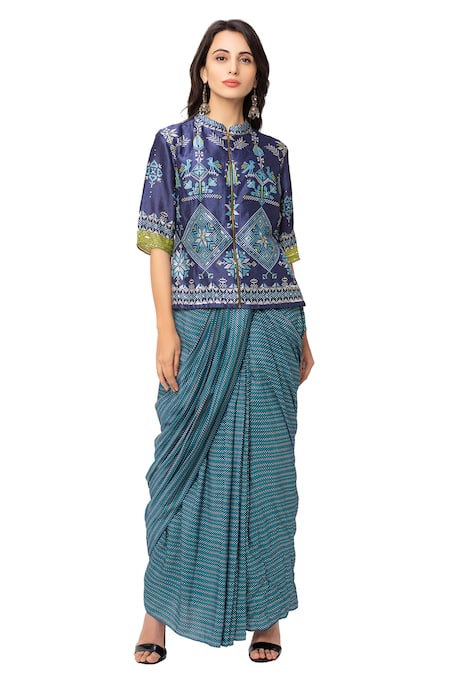 Soup By Sougat Paul_Blue Malaysian Silk Printed Kurta And Skirt Set _Online_at_Aza_Fashions