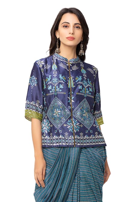 Shop_Soup By Sougat Paul_Blue Malaysian Silk Printed Kurta And Skirt Set _Online_at_Aza_Fashions