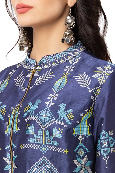 Soup By Sougat Paul_Blue Malaysian Silk Printed Kurta And Skirt Set _at_Aza_Fashions