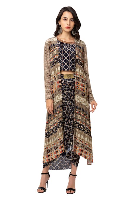 Soup By Sougat Paul_Beige Crepe Printed Jacket And Skirt Set _Online_at_Aza_Fashions