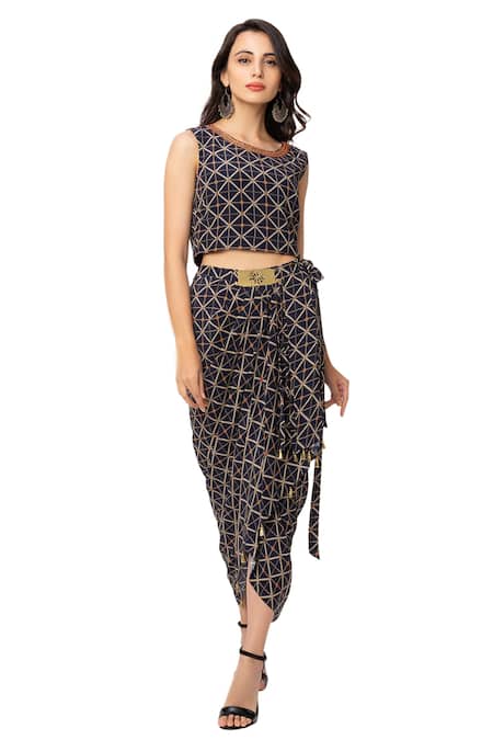Buy_Soup By Sougat Paul_Beige Crepe Printed Jacket And Skirt Set _Online_at_Aza_Fashions