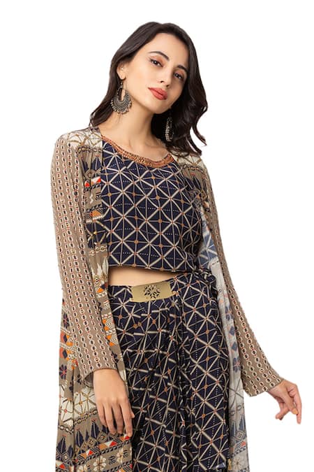 Shop_Soup By Sougat Paul_Beige Crepe Printed Jacket And Skirt Set _Online_at_Aza_Fashions