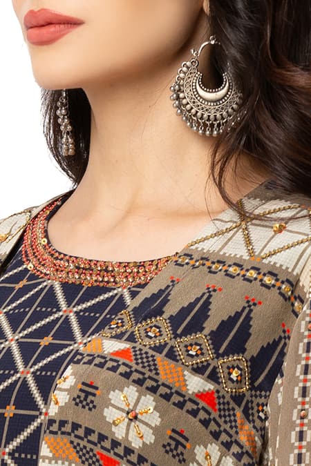 Soup By Sougat Paul_Beige Crepe Printed Jacket And Skirt Set _at_Aza_Fashions