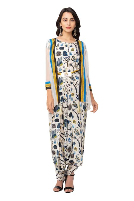 Soup By Sougat Paul_White Net, Crepe Printed Jumpsuit With Jacket _Online_at_Aza_Fashions