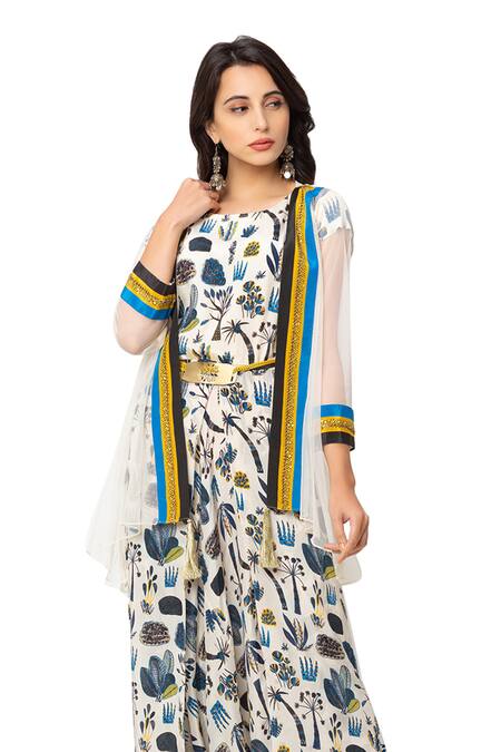 Shop_Soup By Sougat Paul_White Net, Crepe Printed Jumpsuit With Jacket _Online_at_Aza_Fashions