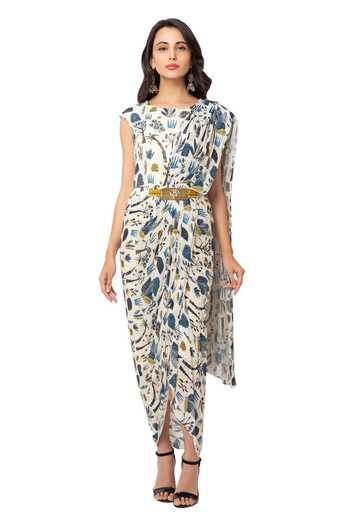 Soup By Sougat Paul_White Sequence Printed Draped Dress _Online_at_Aza_Fashions