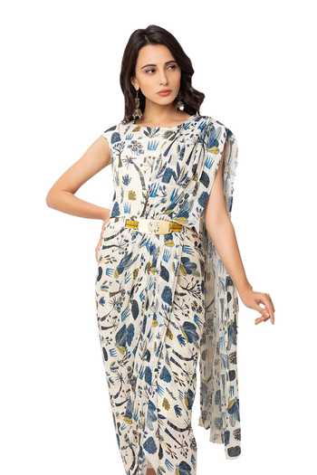 Shop_Soup By Sougat Paul_White Sequence Printed Draped Dress _Online_at_Aza_Fashions