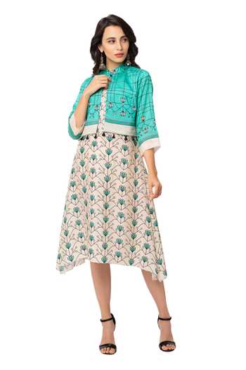 Shop Soup By Sougat Paul Beige Cotton Silk Printed Dress With Jacket Online at Aza Fashions Shop_Soup By Sougat Paul_Beige Cotton Silk Printed Dress With Jacket _Online_at_Aza_Fashions