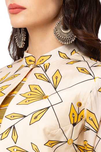 Shop Soup By Sougat Paul Yellow Cotton Silk Printed Dress With Jacket Online at Aza Fashions Shop_Soup By Sougat Paul_Yellow Cotton Silk Printed Dress With Jacket _Online_at_Aza_Fashions
