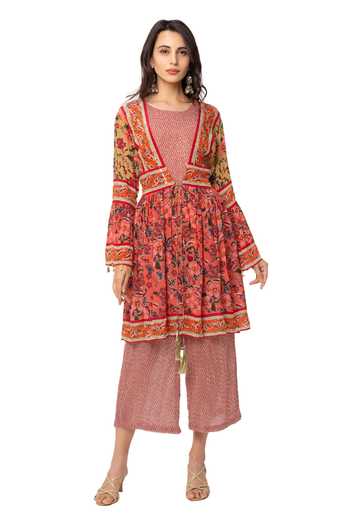 Soup By Sougat Paul_Red Flat Chiffon Printed Jumpsuit With Jacket _Online_at_Aza_Fashions