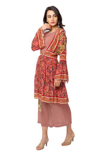 Buy_Soup By Sougat Paul_Red Flat Chiffon Printed Jumpsuit With Jacket _Online_at_Aza_Fashions