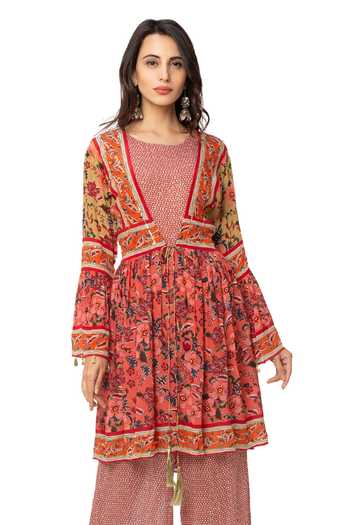 Shop_Soup By Sougat Paul_Red Flat Chiffon Printed Jumpsuit With Jacket _Online_at_Aza_Fashions