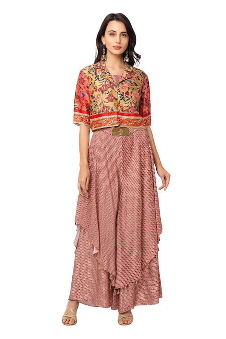 Soup By Sougat Paul_Red Malaysian Silk Printed Jumpsuit With Jacket _Online_at_Aza_Fashions