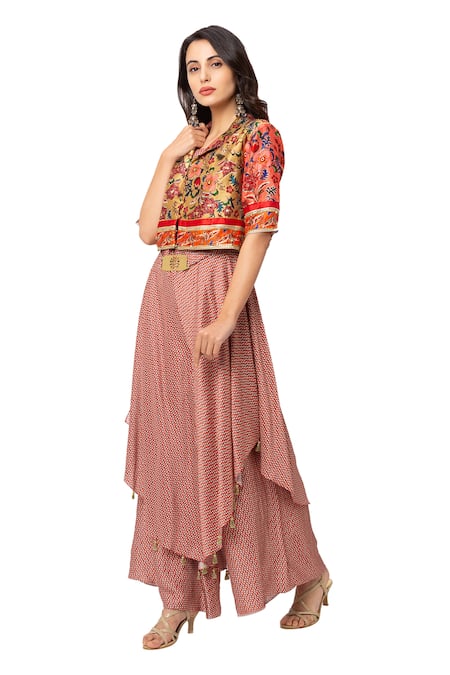 Buy_Soup By Sougat Paul_Red Malaysian Silk Printed Jumpsuit With Jacket _Online_at_Aza_Fashions