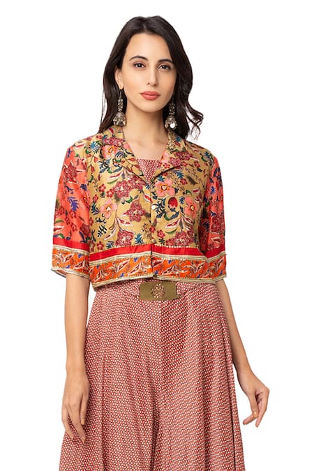 Shop_Soup By Sougat Paul_Red Malaysian Silk Printed Jumpsuit With Jacket _Online_at_Aza_Fashions