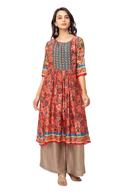 Soup By Sougat Paul_Red Malaysian Silk Printed Kurta Set _Online_at_Aza_Fashions