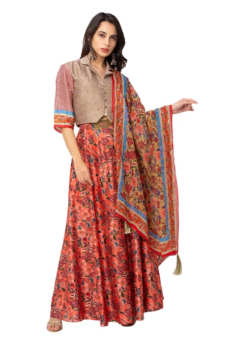 Soup By Sougat Paul Red Organza, Malaysian Silk Printed Lehenga Set 