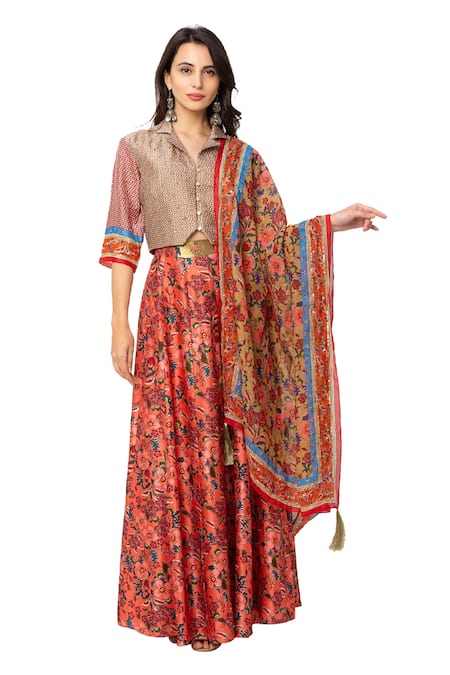 Soup By Sougat Paul_Red Organza, Malaysian Silk Printed Lehenga Set _Online_at_Aza_Fashions