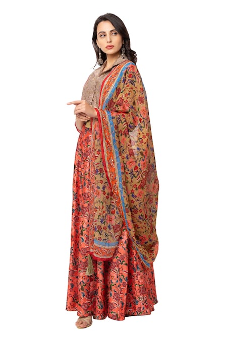 Buy_Soup By Sougat Paul_Red Organza, Malaysian Silk Printed Lehenga Set _Online_at_Aza_Fashions