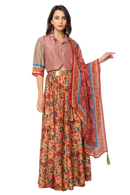 Soup By Sougat Paul_Yellow Organza, Malaysian Silk Printed Lehenga Set _Online_at_Aza_Fashions