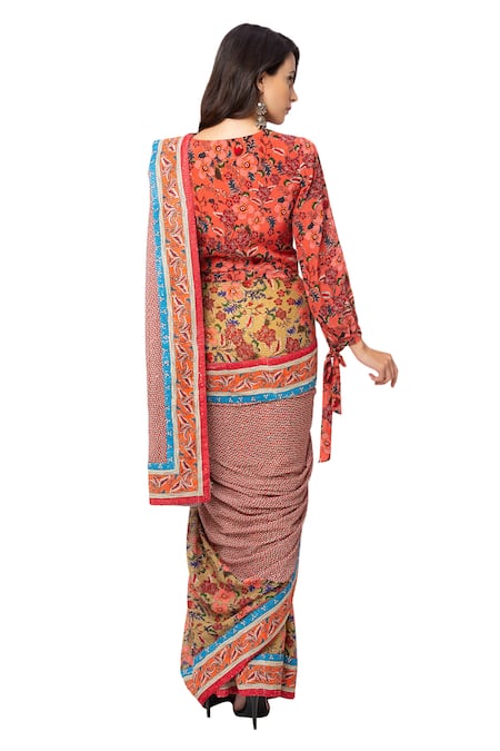 Shop_Soup By Sougat Paul_Yellow Crepe Printed Pre-draped Saree With Blouse _at_Aza_Fashions