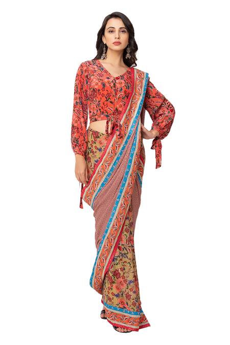 Soup By Sougat Paul_Yellow Crepe Printed Pre-draped Saree With Blouse _Online_at_Aza_Fashions