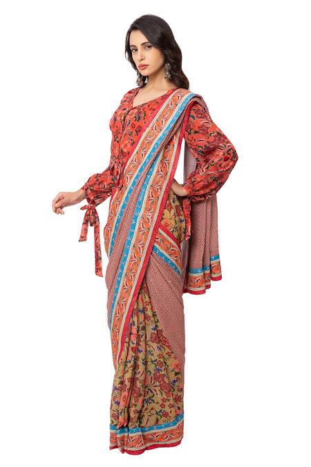 Buy_Soup By Sougat Paul_Yellow Crepe Printed Pre-draped Saree With Blouse _Online_at_Aza_Fashions