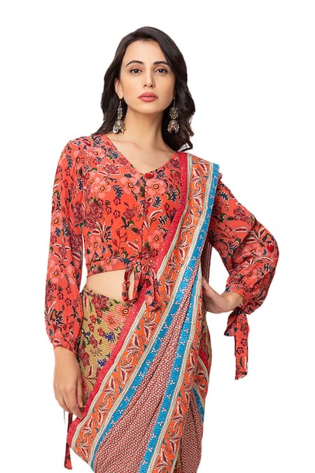 Shop_Soup By Sougat Paul_Yellow Crepe Printed Pre-draped Saree With Blouse _Online_at_Aza_Fashions