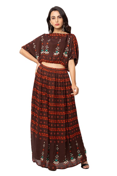 Soup By Sougat Paul_Brown Cotton Silk Printed Lehenga Set _Online_at_Aza_Fashions