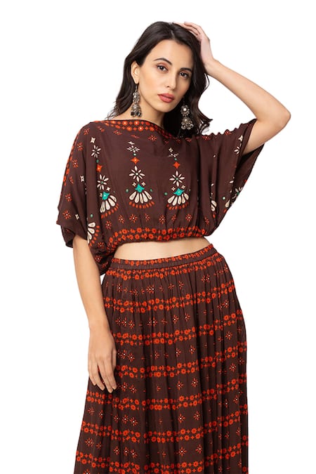 Shop_Soup By Sougat Paul_Brown Cotton Silk Printed Lehenga Set _Online_at_Aza_Fashions