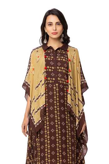 Shop Soup By Sougat Paul Brown Cotton Silk Printed Dress With Jacket Online at Aza Fashions Shop_Soup By Sougat Paul_Brown Cotton Silk Printed Dress With Jacket _Online_at_Aza_Fashions