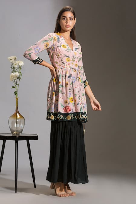 Soup By Sougat Paul_Blue Crepe V Neck Printed Angrakha And Gharara Set _Online_at_Aza_Fashions