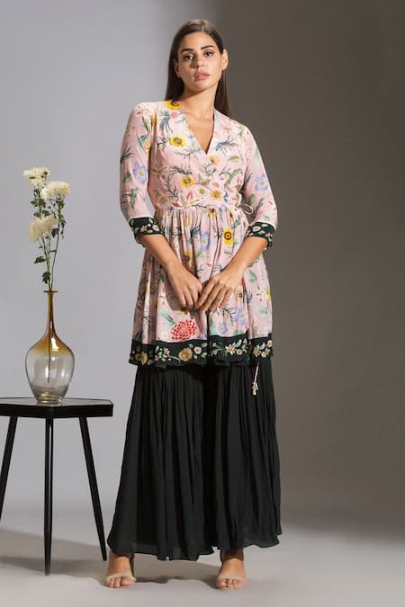 Buy_Soup By Sougat Paul_Blue Crepe V Neck Printed Angrakha And Gharara Set _Online_at_Aza_Fashions