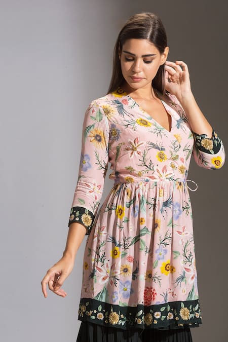 Shop_Soup By Sougat Paul_Blue Crepe V Neck Printed Angrakha And Gharara Set _Online_at_Aza_Fashions