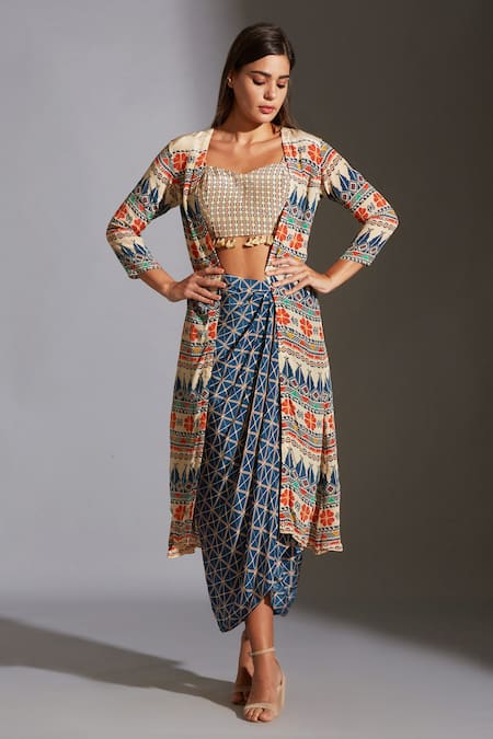 Soup By Sougat Paul_Multi Color Crepe Sweetheart Neck Printed Jacket And Draped Skirt Set _Online_at_Aza_Fashions