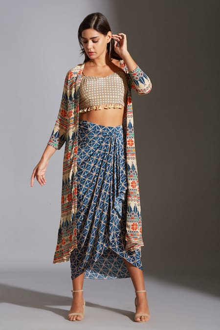 Buy_Soup By Sougat Paul_Multi Color Crepe Sweetheart Neck Printed Jacket And Draped Skirt Set _Online_at_Aza_Fashions