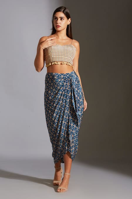 Shop_Soup By Sougat Paul_Multi Color Crepe Sweetheart Neck Printed Jacket And Draped Skirt Set _Online_at_Aza_Fashions