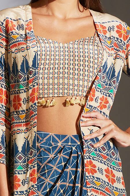 Soup By Sougat Paul_Multi Color Crepe Sweetheart Neck Printed Jacket And Draped Skirt Set _at_Aza_Fashions