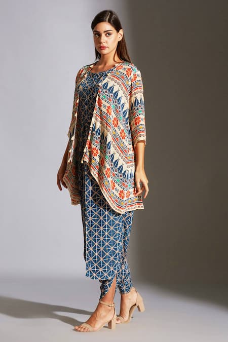 Buy_Soup By Sougat Paul_Blue Crepe Round Printed Jumpsuit With Jacket _Online_at_Aza_Fashions