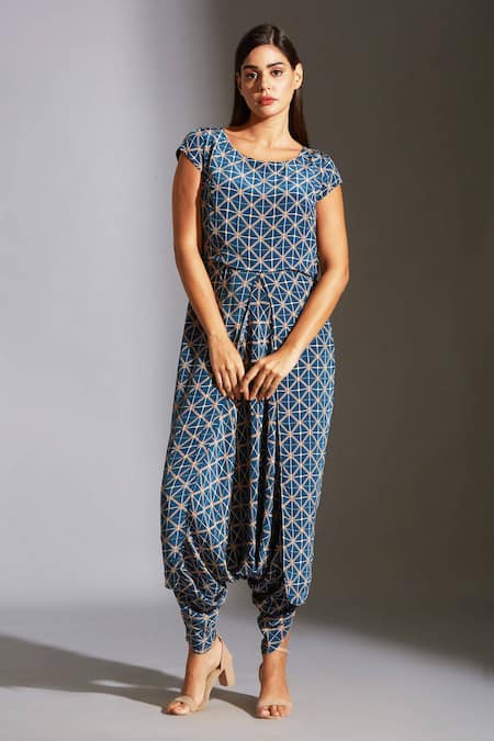 Shop_Soup By Sougat Paul_Blue Crepe Round Printed Jumpsuit With Jacket _Online_at_Aza_Fashions