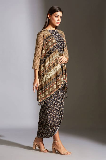 Soup By Sougat Paul_Blue Crepe Round Printed Dress With Jacket _Online_at_Aza_Fashions