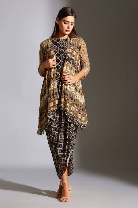 Buy_Soup By Sougat Paul_Blue Crepe Round Printed Dress With Jacket _Online_at_Aza_Fashions